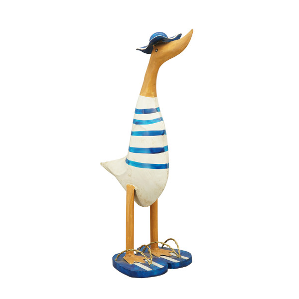 Deko Ente Badeente, Metallente mit blauem Hut, Ringelshirt und Flip Flops, 46cm