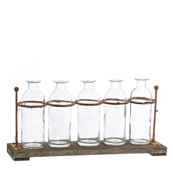 Glas Blumenvasen, 5 Vasen im Eisengestell, Rost-used look, 38cm