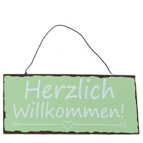 Deko Schild, Herzlich Willkommen, grün, Metall, 20x9cm, Hänger