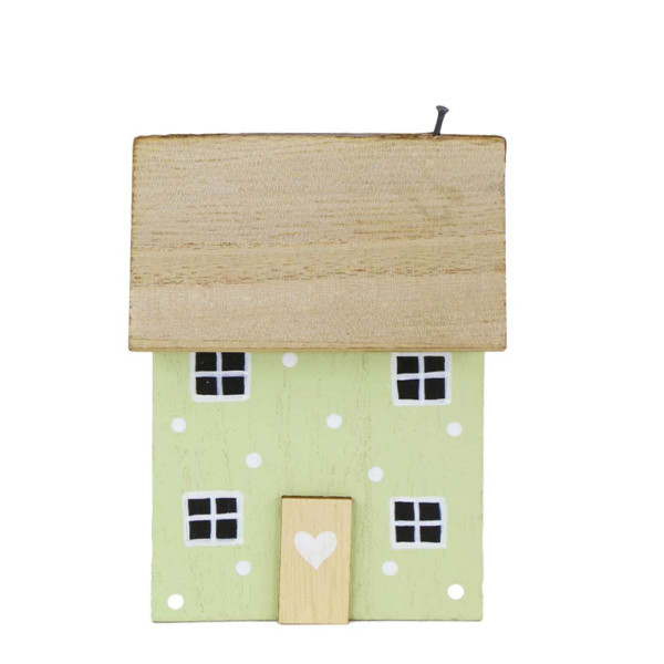 Deko Haus, Holzhaus mit Punkte und Holztüre, hellgrün/weiß, 10x14cm