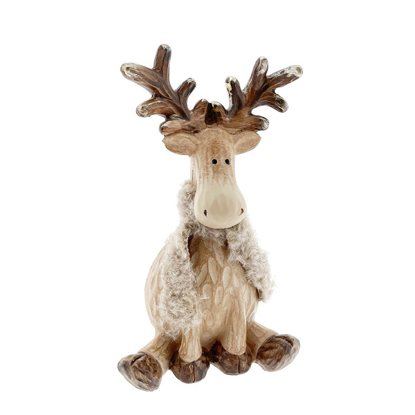 Deko Hirsch Winter, Hirsch in Holzoptik mit Schal, 19x30cm, Polyresin