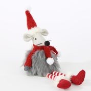 Weihnachtsmaus mit Strickmütze und Schal Bammelbeine rot/grau 43cm
