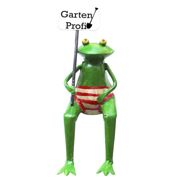 Deko Kantenhocker Frosch mit Schild: Gartenprofi, kleiner Metallfrosch mit Badehose, 12cm