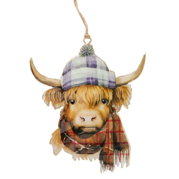 Weihnachtshänger Hochlandrind Muka, Emaillehänger Stier mit Pudelmütze und Schal, Boltze Home Collec