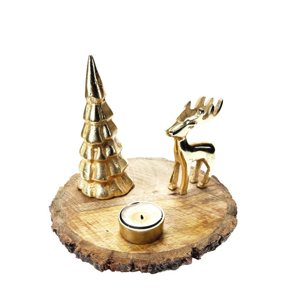 Holz Teelichthalter, Tablett mit Rentier und Tannenbaum, gold, Ø22cm