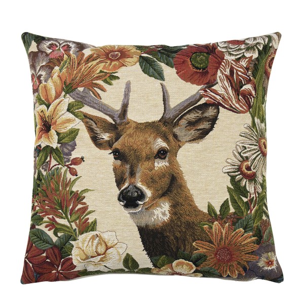 Gobelin Kissen, Hirsch mit Blumen, Stürmer, 45x45cm, Mars &amp; More