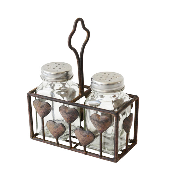 Salz- und Pfefferstreuer im Korb, Eisenträger mit Herz, shabby chic,16cm, Metall/Glas