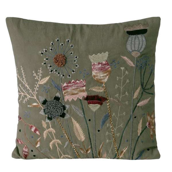 Baumwoll-Leinen Kissen Ramoni, Blumenkissen salbeigrün, rosa-beige bestickt, 45x45cm, Boltze Home Co
