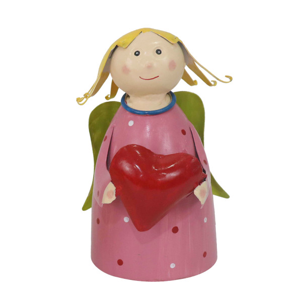 Zaunhocker Engel Schutzengel, Metallengel mit Herz und rosa Pünktchen-Kleid, 22cm