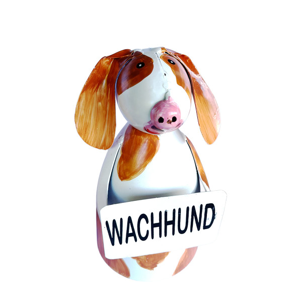 Zaunhocker Hund, Metallhund rotbraun-creme used look mit Schild: Wachhund, 19cm