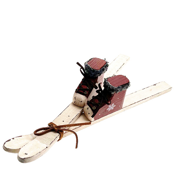 Deko Ski Nostalgie, Holzski mit Skischuhe, rot-weiß used look, 34cm