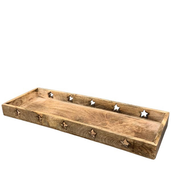 Deko Holztablett mit Sterne, große längliche Holzschale Weihnachten, 50cm