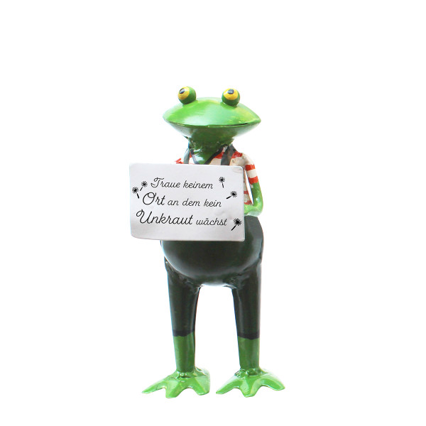 Deko Frosch mit Schild: Trau keinem Ort..., kleiner Metallfrosch mit rotem Ringelshirt, 12cm