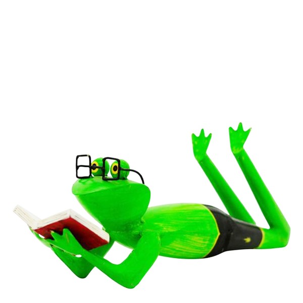 Deko Frosch mit Brille und Buch, liegend, 42cm, Metall