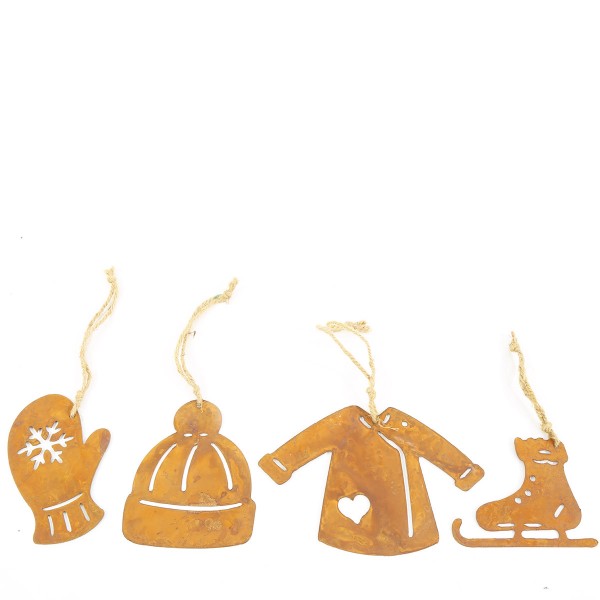 Deko Winterfiguren, Wintermix aus Rost: Handschuh, Mütze, Pullover, Schlittschuh, Hänger, 15cm, Set/