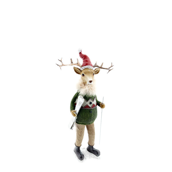 Deko Winterfigur Hirsch, Skifahrer Hirsch mit grünem Pullover, 29cm, Polyresin, Gerrys Garden
