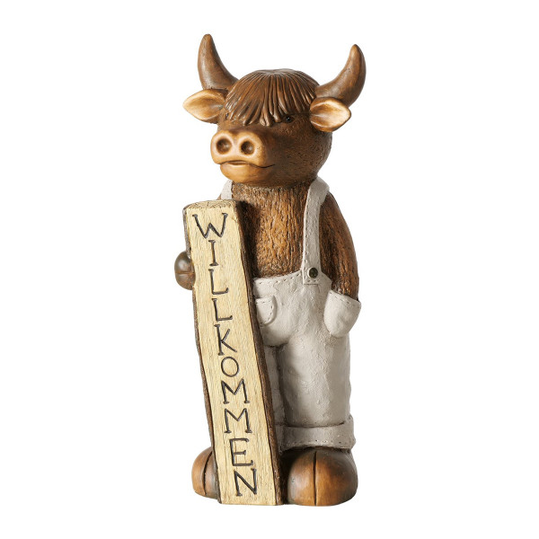 Deko Figur Schottisches Hochlandrind Buffi Willkommen, Hochlandrind mit Latzhose und Schild, Boltze