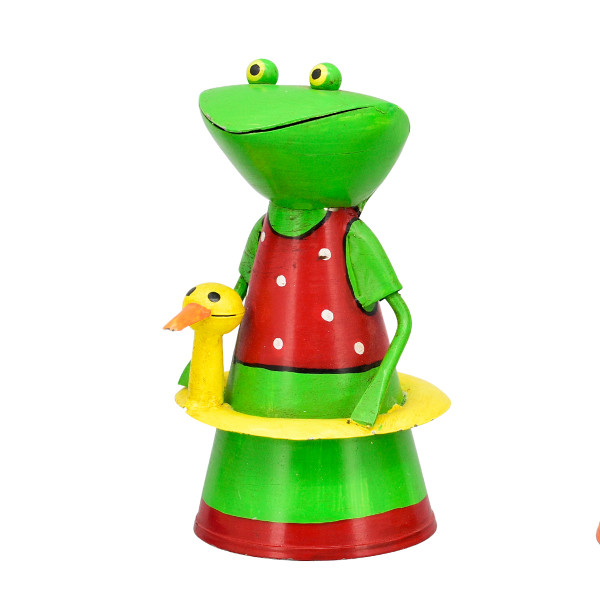 Zaunhocker Frosch mit Badekleid rot-grün, Metallfrosch mit Schwimmente, 20cm