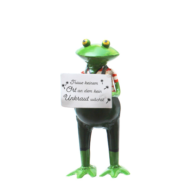 Deko Frosch mit Schild: Trau keinem Ort..., kleiner Metallfrosch mit Latzhose, 12cm