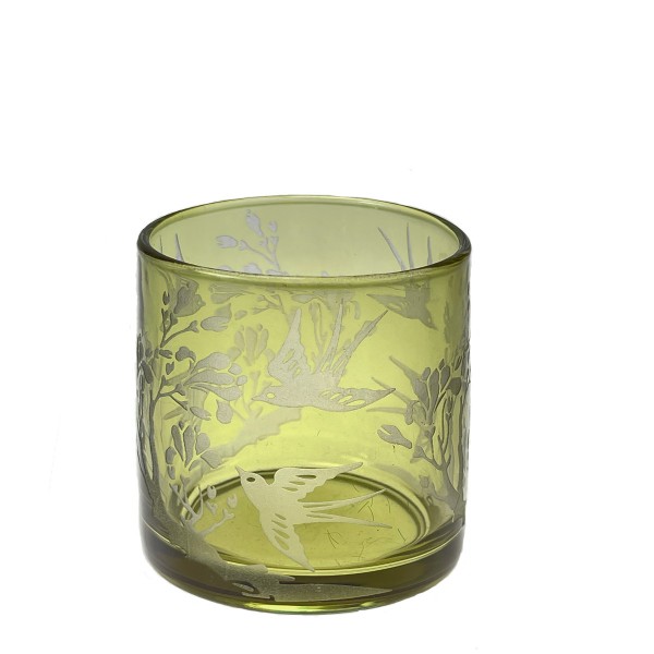 Teelichtglas Schwalben+Blumen grün 8cm