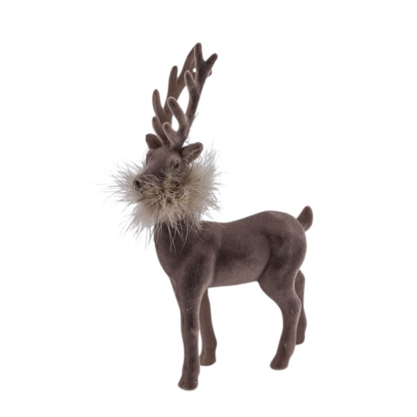 Deko Hirsch mit Federboa, großer grauer Hirsch, samtig beflockt, 45cm