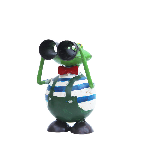 Deko Frosch mit Fernglas, kleiner Metallfrosch mit Schleife und grüner Latzhose, 11cm