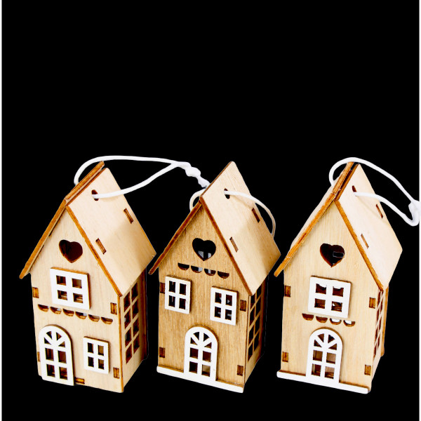 Deko Häuschen Landhaus, 3er Set Holzhäuser, natur-weiß, 12x8cm, zum Stellen oder Hängen