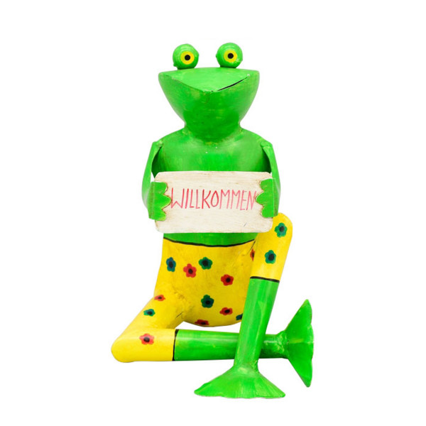 Deko Frosch Willkommen, Metallfrosch sitzend mit Blümchen-Badehose und Schild, 27cm