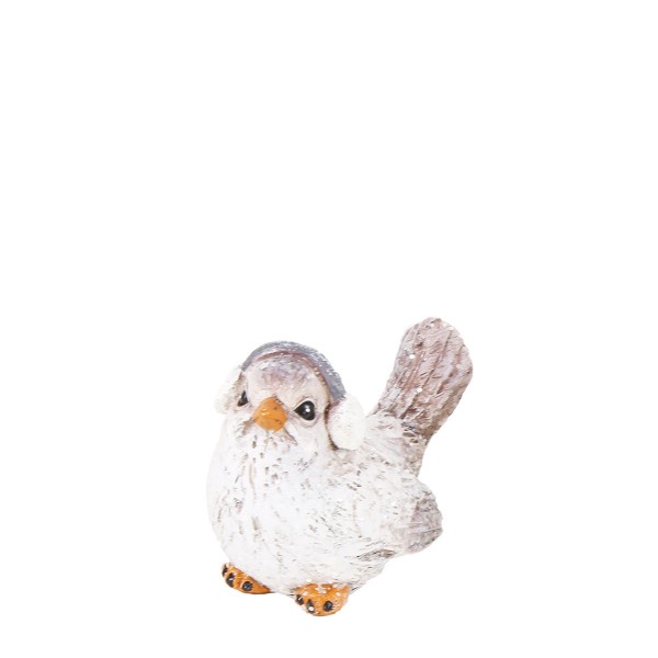 Vogel mit Ohrschützer beschneit weiß/Glimmer 9x8cm Polyresin