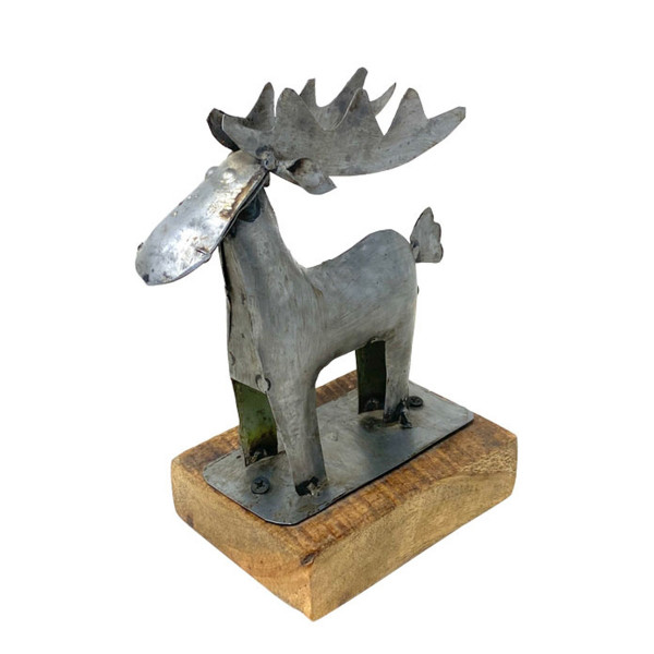 Rentier used look, rustikaler Metallhirsch auf Holzklotz, 13x20cm