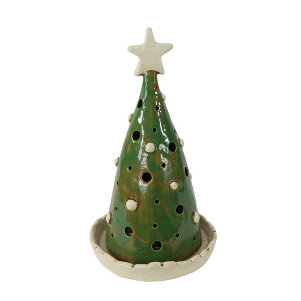 Windlicht Tannenbaum mit Stern, grüner Tannenbaum mit Schale, 30cm