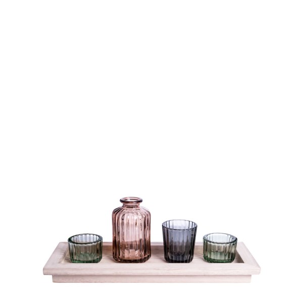 Glas Teelichthalter und Blumenvase auf Tablett grün 32,5x12,5cm Set/4, Sandra Rich