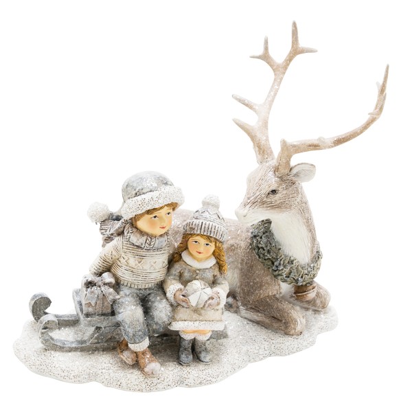 Winterkinder mit Schlitten und Hirsch 15cm Polyresin