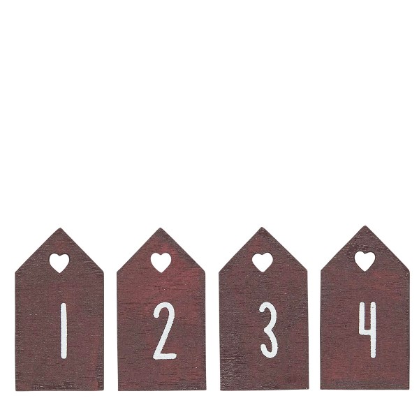 Adventsanhänger Haus, Zahlen 1-4, rotes Holz, Kerzenanhänger, Geschenkanhänger, 4x2cm, Ib Laursen