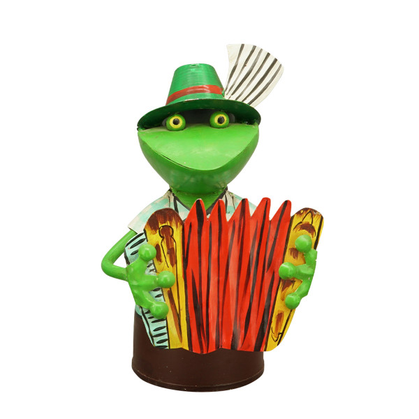 Zaunhocker Frosch Landhaus, Metallfrosch in Lederhose mit Akkordeon, 20cm