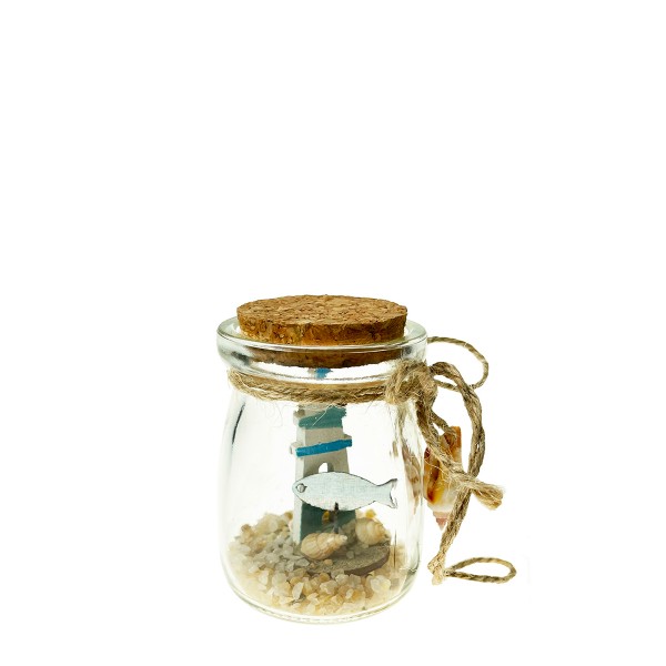 Deko Glasflasche mit Leuchtturm und Fisch, 5cm