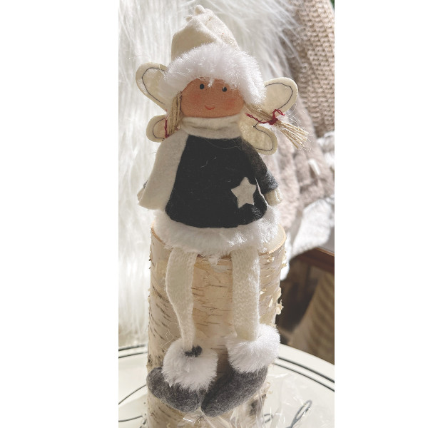 Deko Engel mit Strickkleid, Winterpüppchen gestrickt, Schlackerbeine, grau-weiß, 18cm, Kantenhocker
