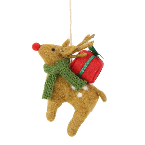 Deko Hirsch, Hirsch aus Filz mit Geschenk und Schal, Filzhirsch, 10cm, Hänger