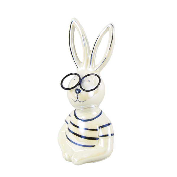Deko Hase, Osterhase mit Brille und gestreiftem Shirt, pearloptik schwarz/weiß, 17cm, Keramik