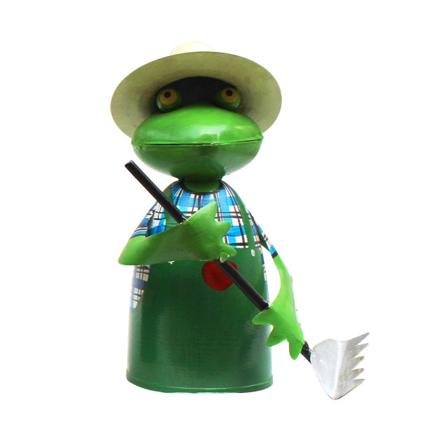 Zaunhocker Frosch Gärtner mit Rechen, Metallfrosch in Gärtnerschürze und Sonnenhut, 21cm