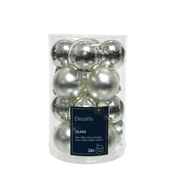 Mini Weihnachtsbaumkugeln aus Glas, silber glanz/matt, Ø3,5cm, 16St/Box, Decoris