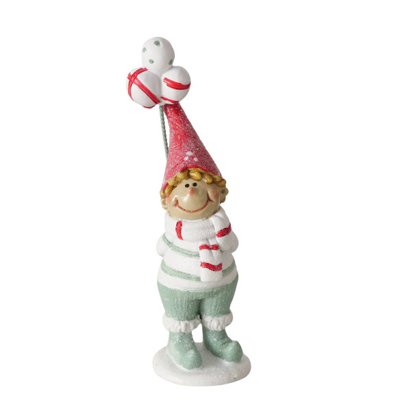 Wichtel Jingle mit Ballon, Weihnachtswichel Junge mit roter Mütze und grüner Hose, Boltze Home Colle
