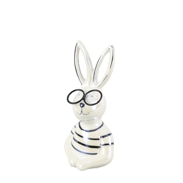Hase mit Brille gestreift pearl weiß/schwarz 17cm Keramik