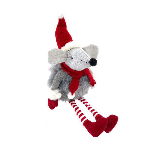 Deko Maus, Weihnachtsmaus mit Strickmütze und Schal, Bammelbeine, rot/grau, 43cm