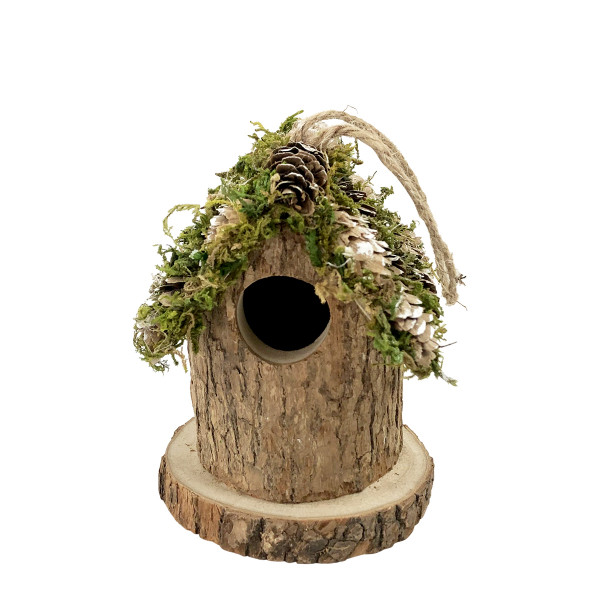 Kleines Deko Vogelhäuschen Natur, Holzhäuschen rund mit Moos, Naturholz und Zapfen, 10cm