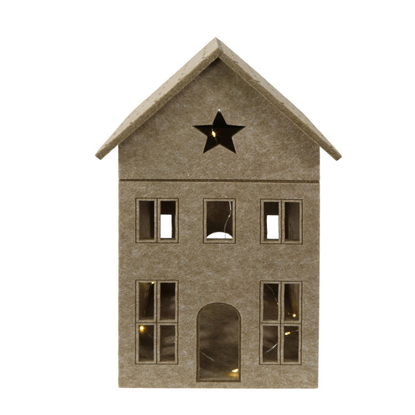 LED Haus mit Stern, großes hellbraunes Filzhaus Landhaus mit Lichterkette, 40cm