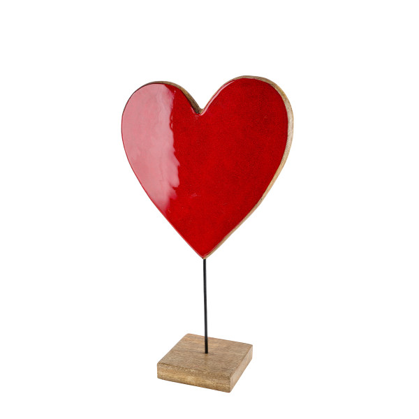 Deko Herz rot Glitter, Holzherz auf Sockel mit rotem Lacküberzug, 35cm