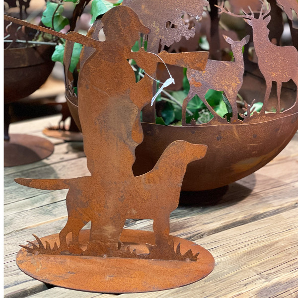 Deko Rost Figur, Jäger mit Hund, auf Platte, 15x20cm, Gerrys Garden