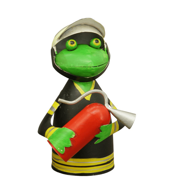 Zaunhocker Frosch Feuerwehr Nostalgie, Metallfrosch Feuerwehrmann, 13x20cm