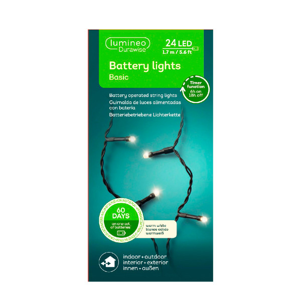 Lichterkette, Basic, warmes weiß, 24 LED, 170cm, Batteriebetrieb, Lumineo
